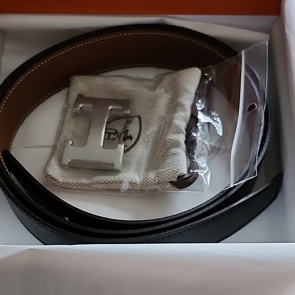 Hermes Black and Brown Leather Belt with Silver Buckle